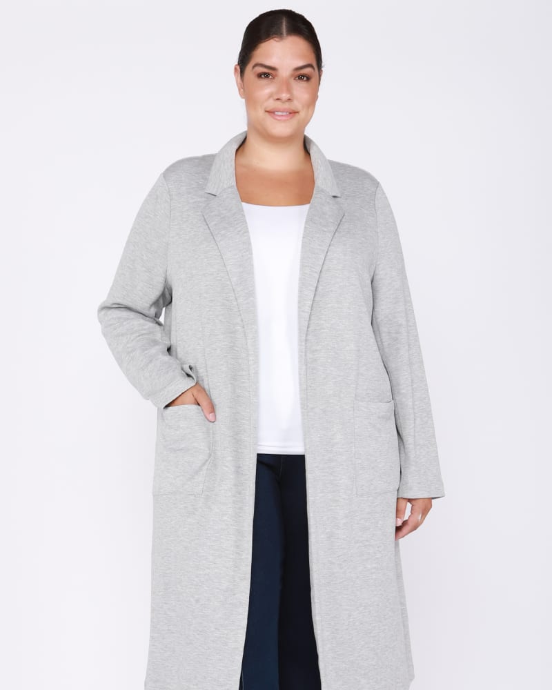 Front of a model wearing a size 0X Sammi Long Blazer Cardigan in Light Grey by DEX PLUS. | dia_product_style_image_id:237819